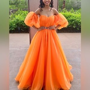 Orange Custom Ballgown with Off the Shoulder Sleeves. Size 00